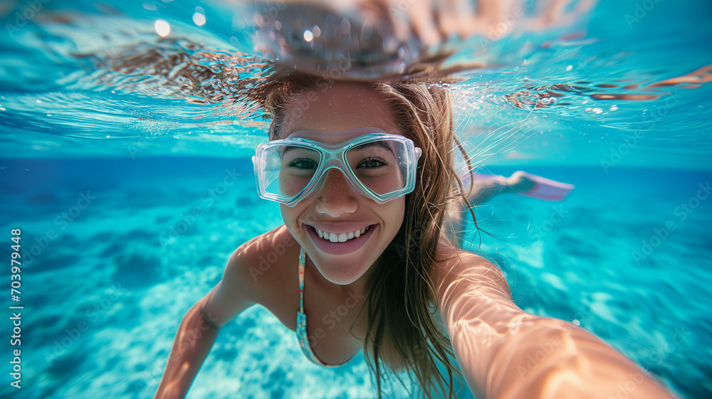 Naklejka premium Beautiful Young Woman Snorkeling and Diving in Clear Water at the Beach