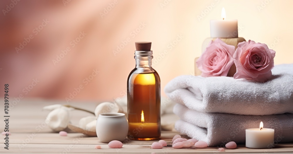 A Display of Organic Spa Essentials Including Rose Oil, Soft Towels, and Stones on a Rustic Wooden Surface for Body Care A Display of Organic Spa Essentials Including Rose Oil, Soft Towels, and Stones on a Rustic Wooden Surface for Body Care