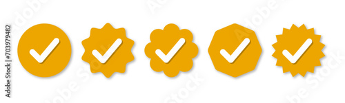 Set of verified badge. yellow tick vector. Set of right symbol in zig zag style with yellow and white color and shadows, Social media official account tick symbol, Vector icon