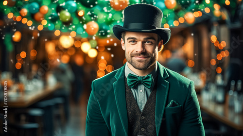 A young man with beard in a green hat, top hat and suit for St. Patrick's Day against backdrop of sparkling garlands