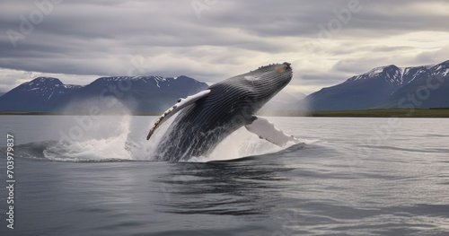 The Stunning Display of a Humpback Whale Jumping in Iceland's Eyjafjordur. Generative AI © Watasiwa