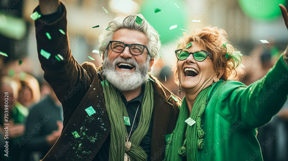 Obraz premium Modern adult man with a beard and a woman joyfully celebrating St. Patrick's Day participate in the city parade