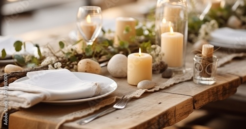 A Special Wedding Dinner Decor with Wooden Elements, Candles, and Greenery, Embodying Zero Waste and Romance