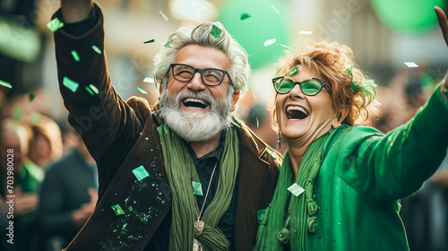 Modern adult man with a beard and a woman joyfully celebrating St. Patrick's Day participate in the city parade