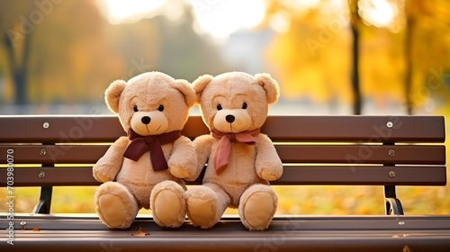 Two teddy bear toys sitting on bench at sunset.