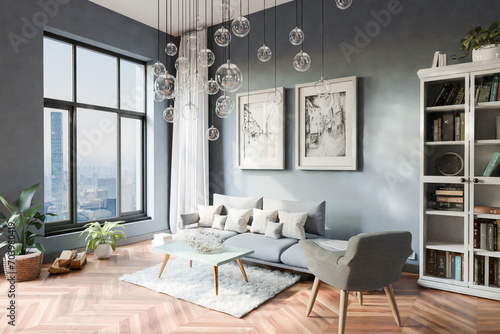 luxurious loft apartment with floor-to-ceiling windows and panoramic view; modern minimalistic interior design of living room and dining room area; bright daylight; 3D rendering
