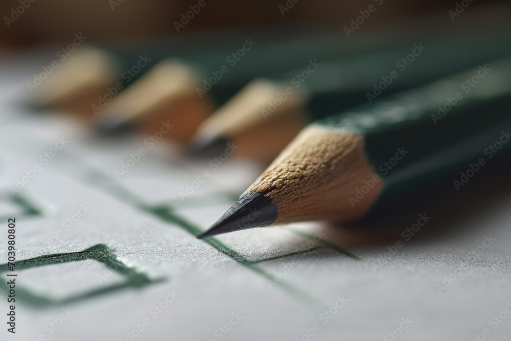 Green marking on checklist box with pencil close up. Checklist concept. Green marking on checklist box with pencil close up. Checklist concept.