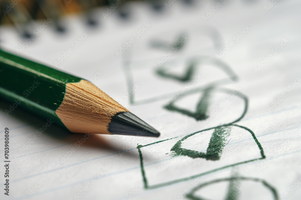 Green marking on checklist box with pencil close up. Checklist concept. Green marking on checklist box with pencil close up. Checklist concept.