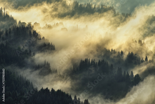 silhouettes of morning mountains. foggy morning in the Carpathians. Mountain landscape © sergnester