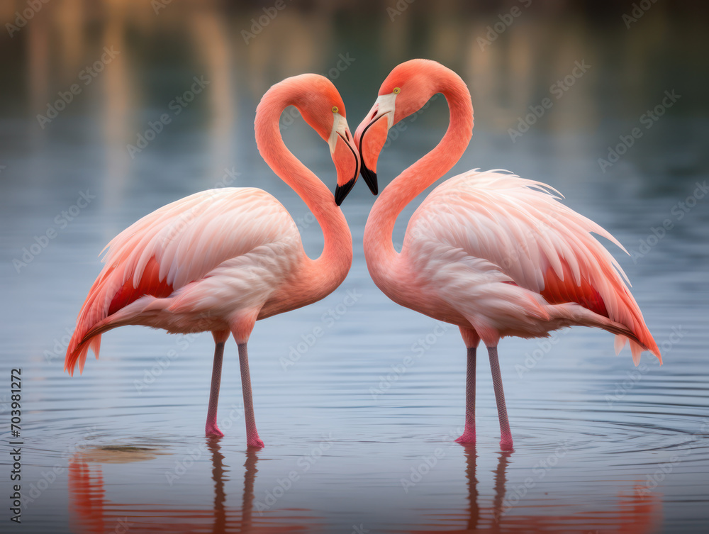 A pair of flamingos facing each other forming a heart sign standing on a swamp together A pair of flamingos facing each other forming a heart sign standing on a swamp together