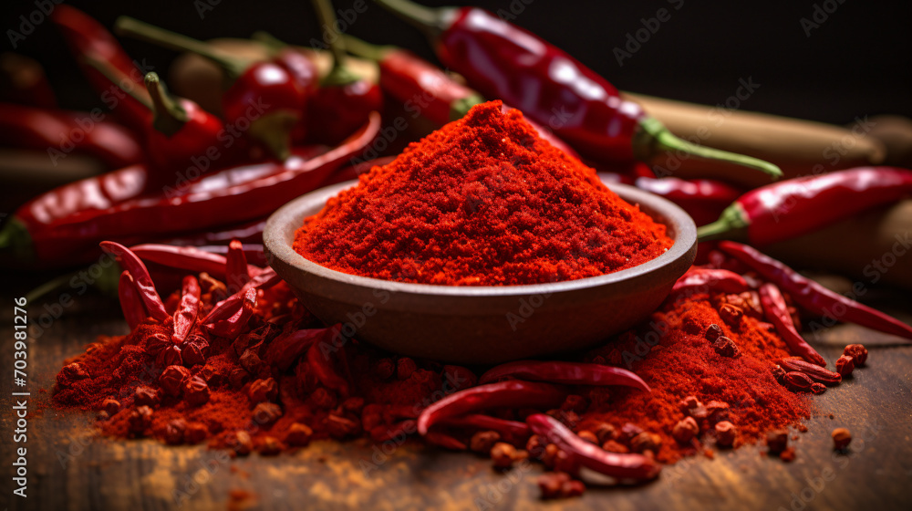 Red hot chilli powder and pod pepper - obrazy, fototapety, plakaty 