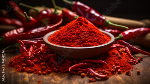 Red hot chilli powder and pod pepper photo