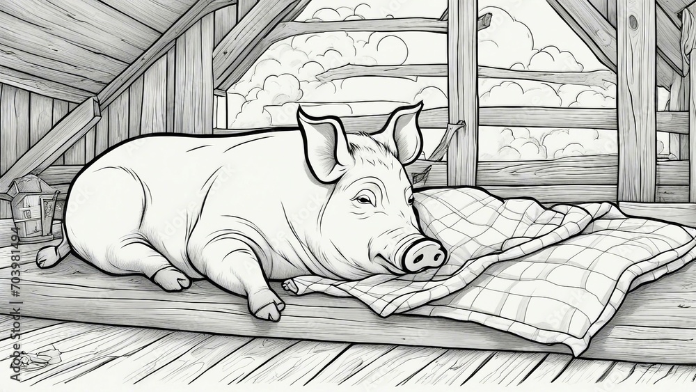 black and white, coloring book page, A pig with a blanket and a pillow ...