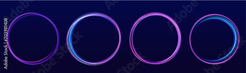 Colored neon ovals or circles for swirl shiny rings light effect. Glow luminous glitter shimmer trail. Curve light effect of multicolored line. Blurred spiral ring. Bokeh effect. Vector illustration.