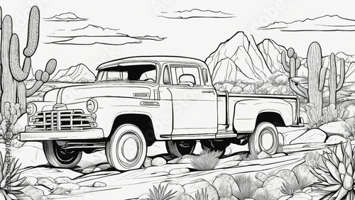 truck in the desert A black and white coloring book page for children with a car image. The car is a  pickup truck  