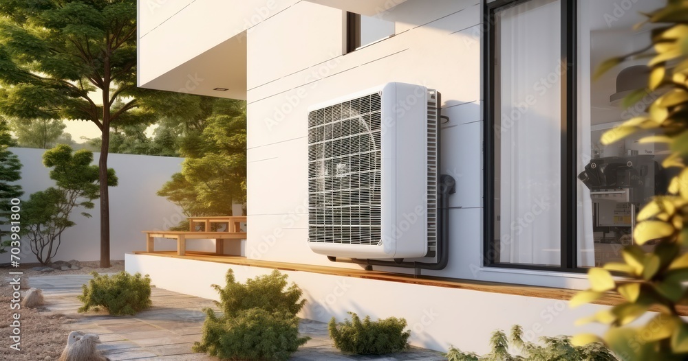 A State-of-the-Art Heat Pump Unit Positioned at the Forefront of a Newly Built Family House. Generative AI