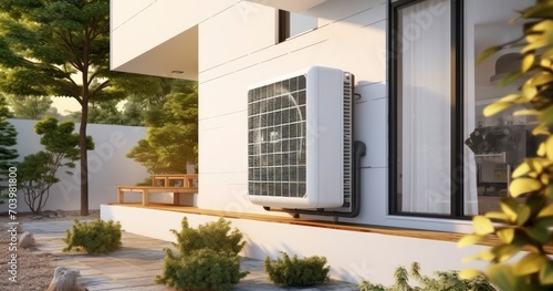 A State-of-the-Art Heat Pump Unit Positioned at the Forefront of a Newly Built Family House. Generative AI © Watasiwa