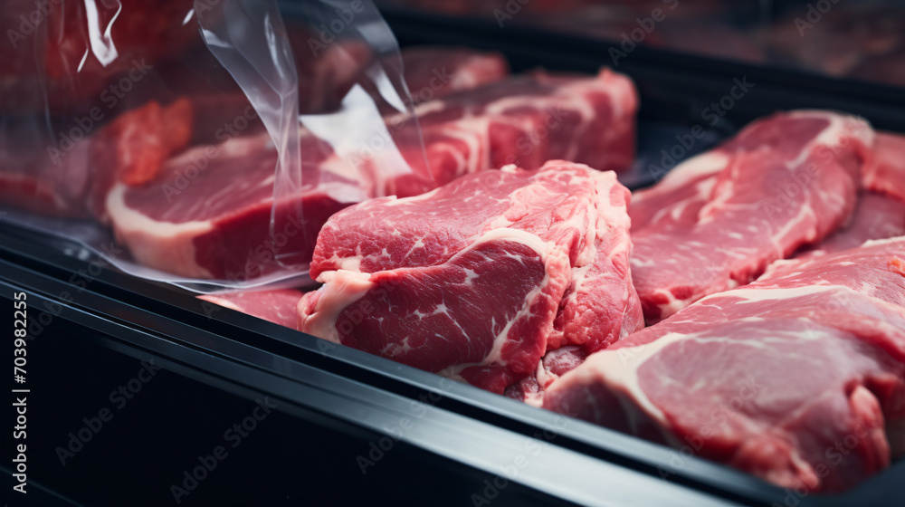 Sliced pieces of beef or pork red meat in fridge