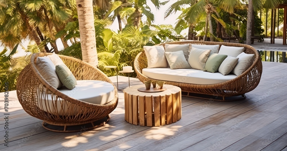 A Chic Sofa Set Amidst Lush Tropical Greenery on a Radiant Terrace. Generative AI