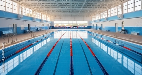 An Empty Swimming Pool with Lane Markers, Awaiting the Rush of Swimmers. Generative AI