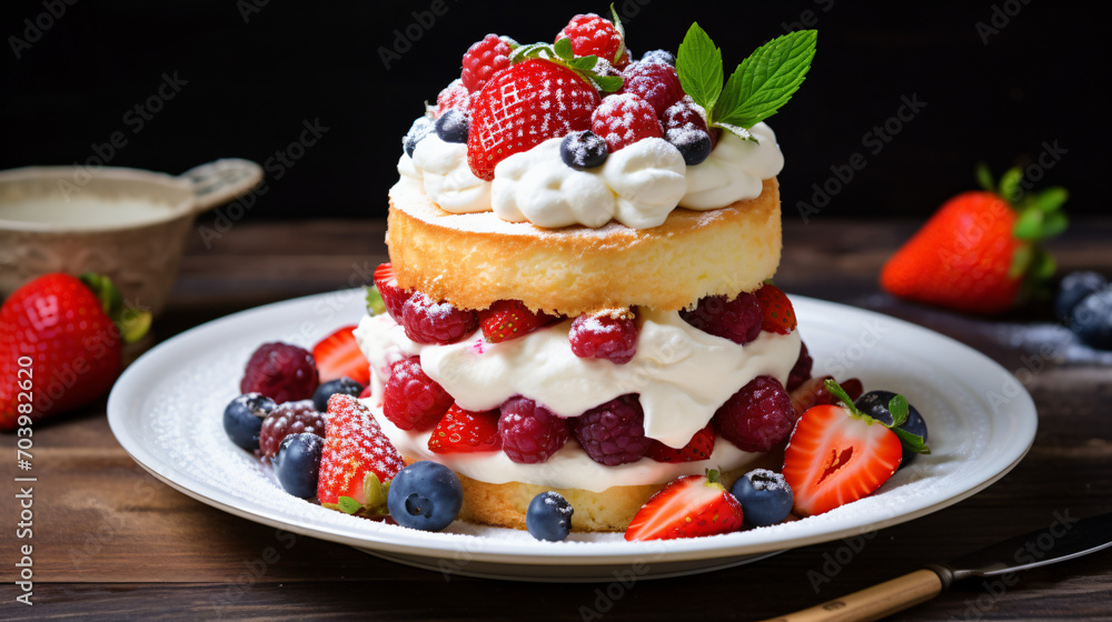 Strawberry shortcake little sponge cake with ripe