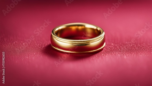 Gold wedding band ring on red fabric