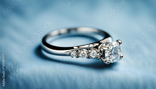 Diamond engagement ring on blue fabric