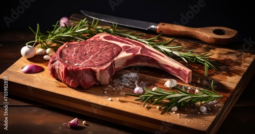 A Robust Raw Tomahawk Steak Enhanced with the Aromas of Garlic and Herbs