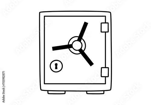 Hand drawn cute outline illustration of closed safe. Flat vector strongbox sticker in line art doodle style. Safety icon. Reliability and trust in banking. Security system. Isolated.