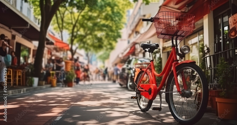 The Timeless Elegance of a Red Bike on a Shopping Street. Generative AI