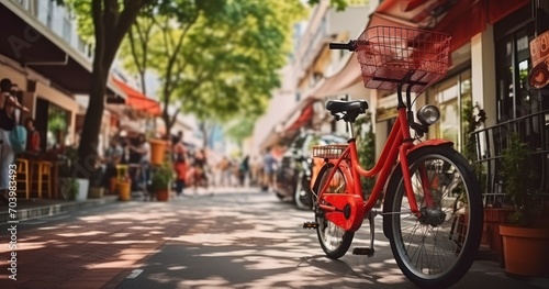 The Timeless Elegance of a Red Bike on a Shopping Street. Generative AI photo