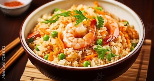Savory Fried Rice with Succulent Shrimp Served in a Traditional Bowl. Generative AI