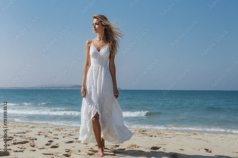 woman in white dress against clear blue sea, gateway to peaceful journeys, travel cards, seaside serenity