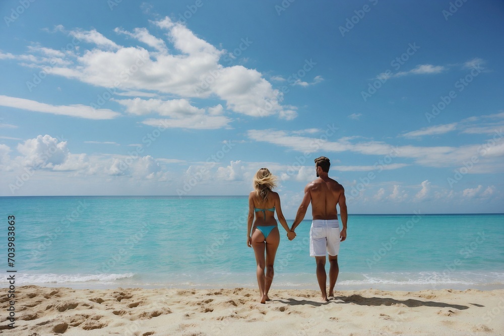 couple walking on the beach, duo on beach by clear blue seas, travel photo for cards, travels and romantic escapades together