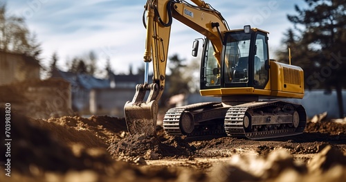 Mini excavator digging a trench next to a building. Generative AI photo