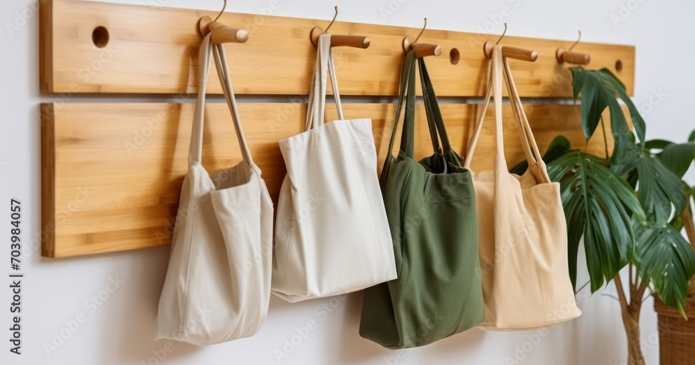 A Range of Eco-Friendly Bags Elegantly Hung on a Coat Hook. Generative AI A Range of Eco-Friendly Bags Elegantly Hung on a Coat Hook. Generative AI