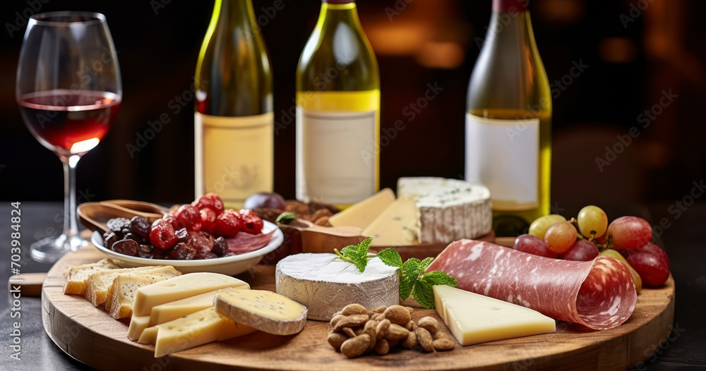 White French Wine Paired with a Delectable Cheese and Meat Selection on a Wooden Board. Generative AI