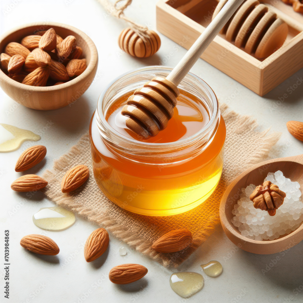 a jar of honey and wooden spoon on white background. ai generative a jar of honey and wooden spoon on white background. ai generative