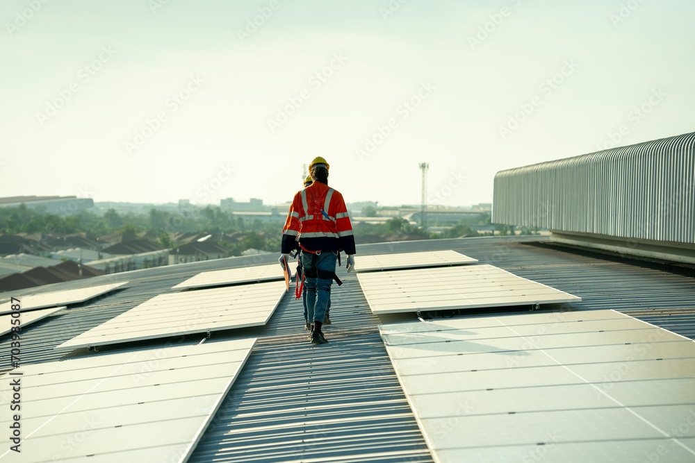 Specialist technician professional engineer checking top view of installing solar roof panel on the factory rooftop under sunlight. Engineers having service job of electrical renewable eco energy