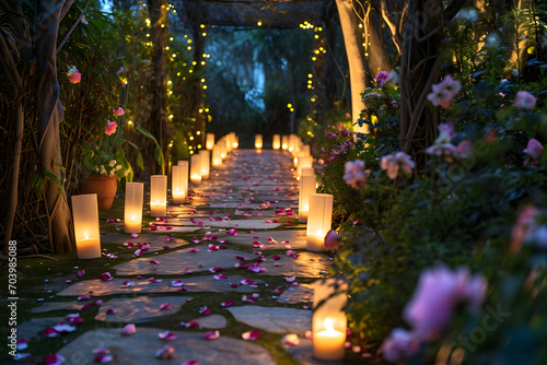 A romantic garden pathway illuminated by candles and adorned with flowers, creating a magical atmosphere for Valentine's Day 