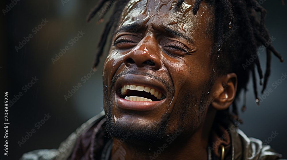Closeup of face of African American man crying in the rain. Man with an expression of sadness, crying, despair, unhappiness. Happy person for the arrival of rain.
Closeup of face of African American man crying in the rain. Man with an expression of sadness, crying, despair, unhappiness. Happy person for the arrival of rain.