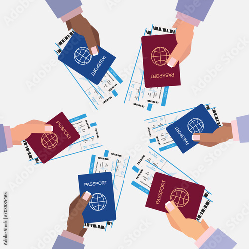 Female hands with passport and air tickets in a circle 