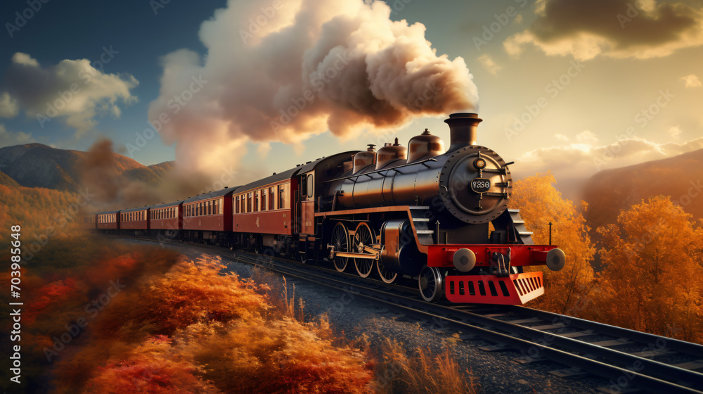 Vintage steam train with ancient locomotive