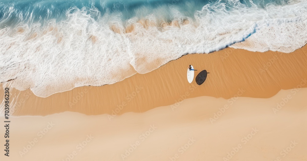 Naklejka premium A Man with His Surfboard, Seen from Above on a Sun-Kissed Beach. Generative AI