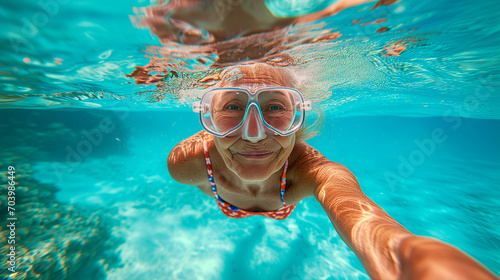 Active Senior Woman Snorkeling and Diving in Clear Water at the Beach.