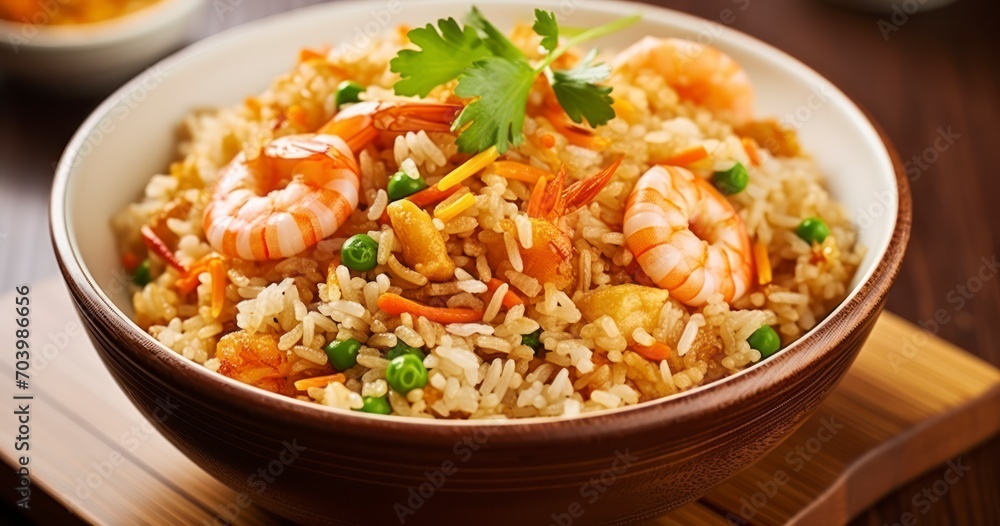 A Flavorful Combination of Fried Rice and Shrimp Elegantly Presented in a Bowl. Generative AI A Flavorful Combination of Fried Rice and Shrimp Elegantly Presented in a Bowl. Generative AI