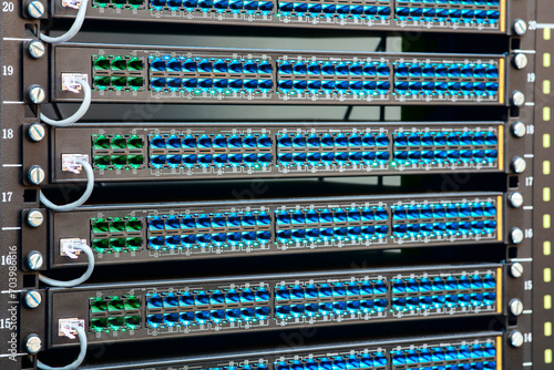 Fiber Optical cables connected to an optic ports and Network cables connected to ethernet ports, Server with switch, internet cables and wires. Fiber optic equipment data center. Network background.