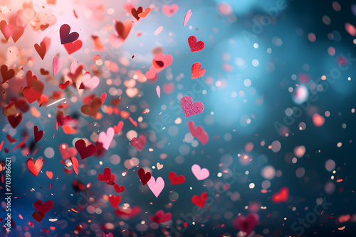 Background with a burst of heart-shaped confetti, creating a festive and celebratory atmosphere valentine day celebration 