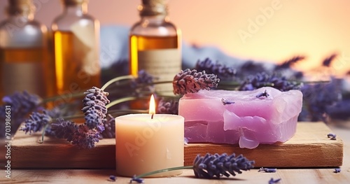 Concept of spa with natural organic oil. Moisturizing skin care and aromatherapy. Gentle body treatment. Handmade soap, candle and lavender flowers. Generative AI