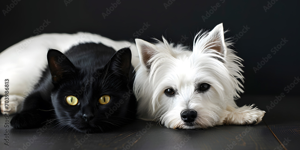 A Black Cat and White Dog Lying Together on the Floor, Captured in a Banner Against a Stylish Black Background with Pets A Black Cat and White Dog Lying Together on the Floor, Captured in a Banner Against a Stylish Black Background with Pets